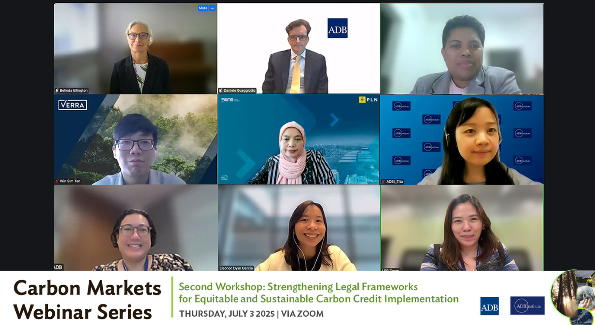 Webinar group photo with the esteemed panelists and ADB and ADBI organizing teams for the Second Workshop. From top (left to right): Ms. Belinda Ellington, ADB Expert, Mr. Daniele Quaggiotto, ADB Team Lead, and Ms. Seini Tinaikoro, Siwatibau and Sloan; middle (from left to right): Mr. Win Sim Tan, Verra, Ms. Kamia Handayani, PT PLN (Persero), Ms. Striratna Nityahayu, ADBI Team; bottom (left to right): Ms. Abigail Gotengco, Ms. Eleonor Dyan Garcia, Ms. Joycelyn Lucena, all from the ADB Team