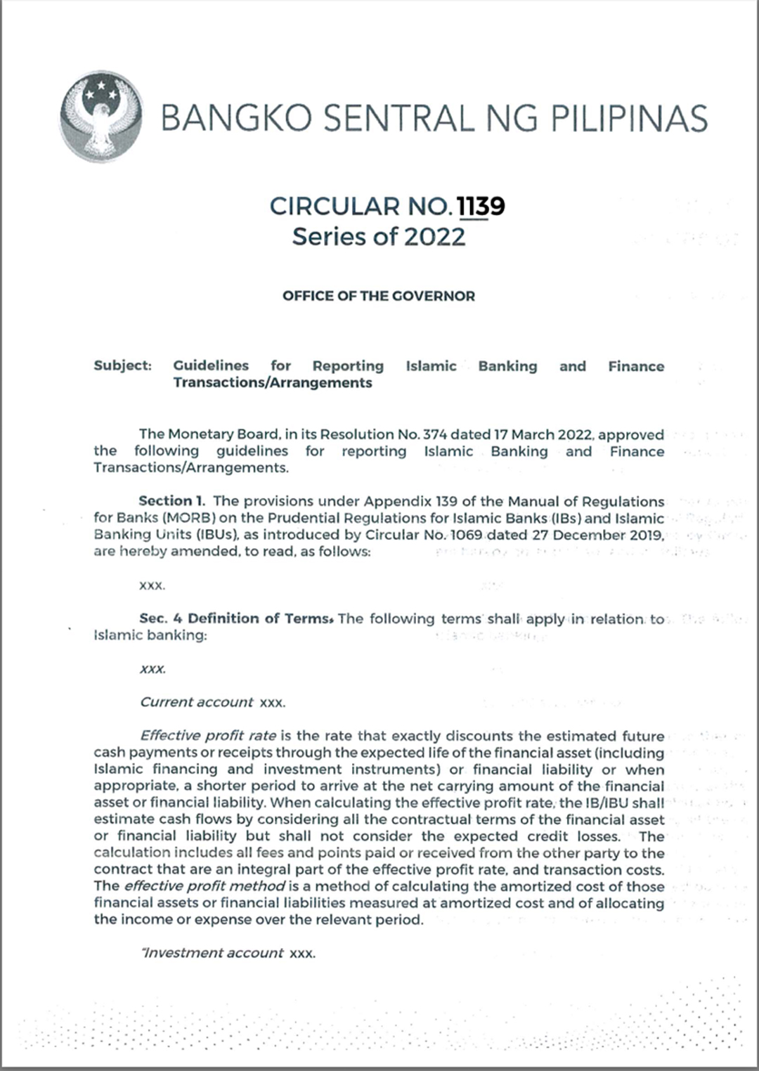 Bangko Sentral ng Pilipinas Circular No. 1130 Series of 2022