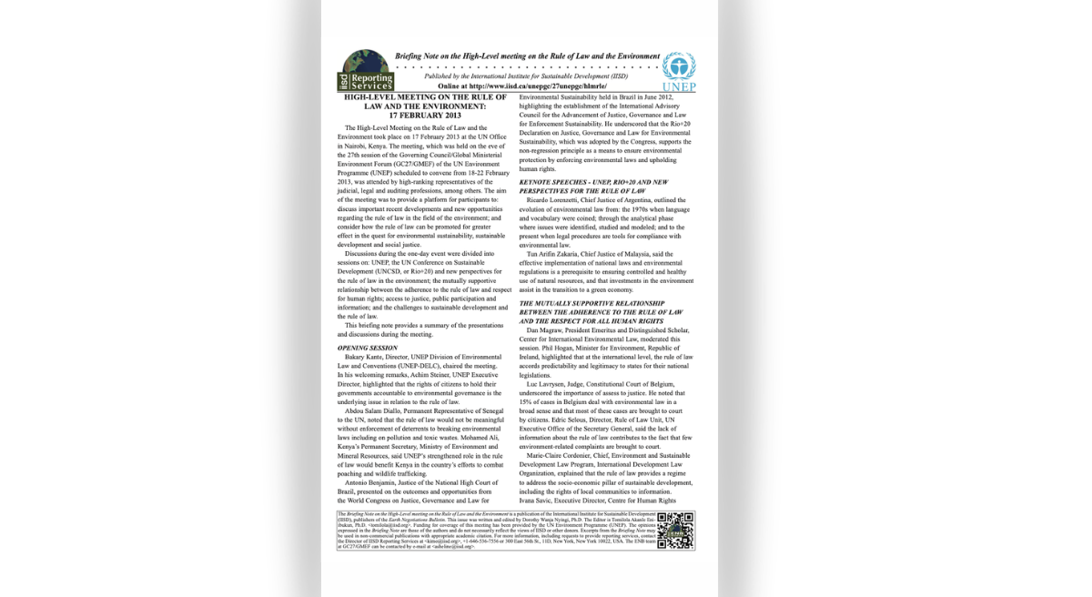 Briefing Note on the High-Level meeting on the Rule of Law and the Environment