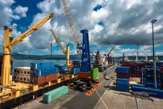 View of Port of Suva, Fiji. Sustained improvements in port productivity enables stable macroeconomic environment; supports trade, investment, and private sector development; and enhance the economy. 