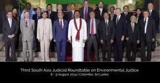 Front (L–R): Bruce L Davis, Vice President – ADB, Lord Robert Carnwath, Judge, Supreme Court of England, G L Pieris, Minister of External Affairs, Chief Justice Mohan Pieris, President Mahinda Rajapaksa, Rauf Hakeem, Minister of Justice, Chief Justice Muzammel Hossain from Bangladesh, Clifford Wallace, Senior Judge, Chief Judge Emeritus, The United States Court of Appeals for the Ninth Circuit, Justice Christopher Gregory Weeramantry and Adel Omar Sherif, Deputy Chief Justice of Egypt Back (L–R): Sri Widowa