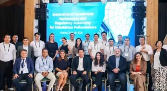 In this photo: Mid-level and senior policymakers from Ministry of Investment, Industry and Trade; Ministry of Economy and Finance; Ministry of Energy; Ministry of Mining Industry and Geology; Ministry of Ecology, Environmental Protection and Climate Change; and Ministry of Justice, as well as Uzenergosotish Joint Stock Company and National Electricity Grid of Uzbekistan participated in an intensive workshop on International Investment Agreements and Regulatory Autonomy for Uzbekistan Policymakers.