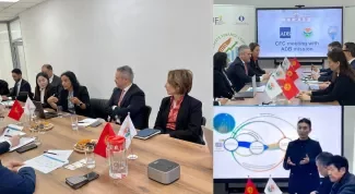 Photo: ADB's Suma Pollard and Kyrgyz stakeholders in dialogue on recycling EV batteries and solar PV waste (courtesy of the Kyrgyz Republic's Climate Finance Center)